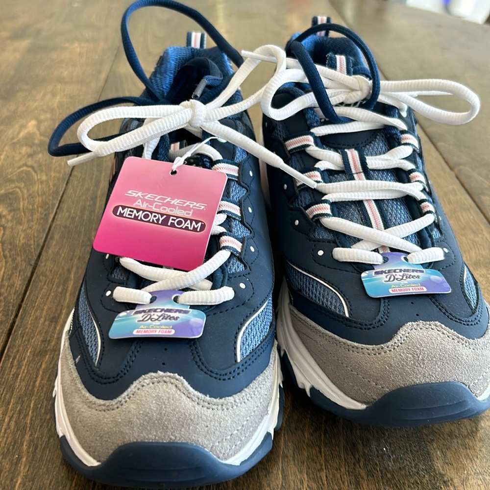 Blue and white D’Lites Skechers